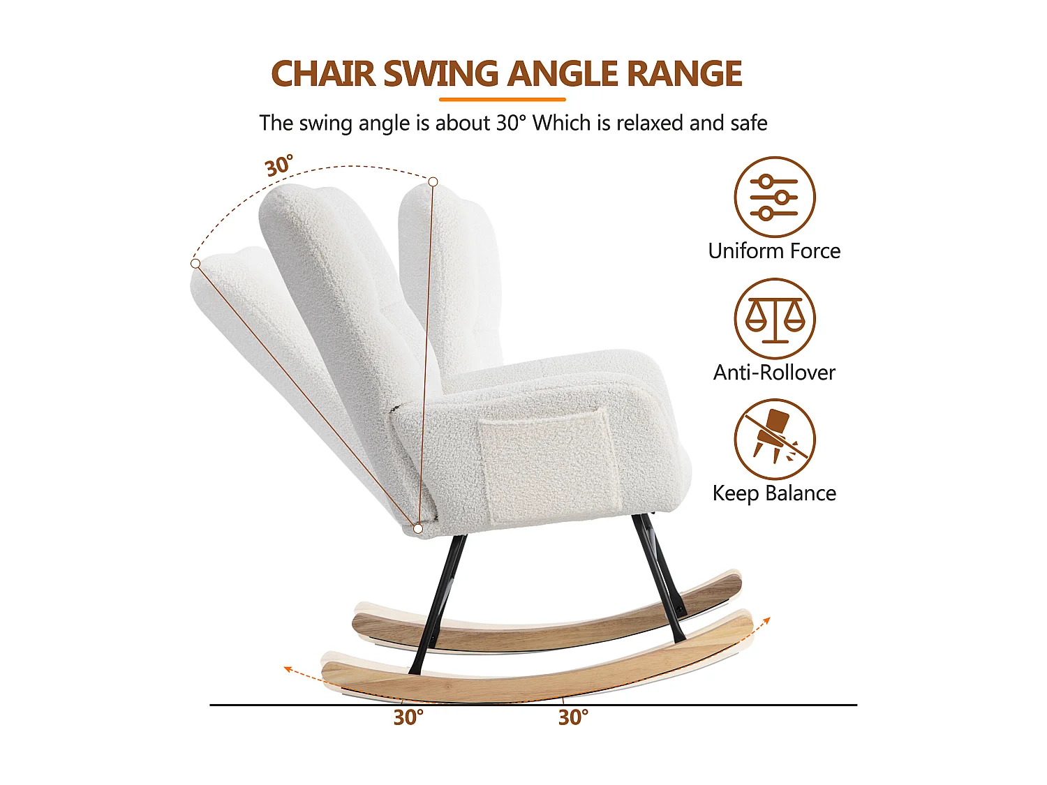 URBAN MEUBLE Chaise à bascule en polaire effet peluche blanche dossier haut avec repose-pieds