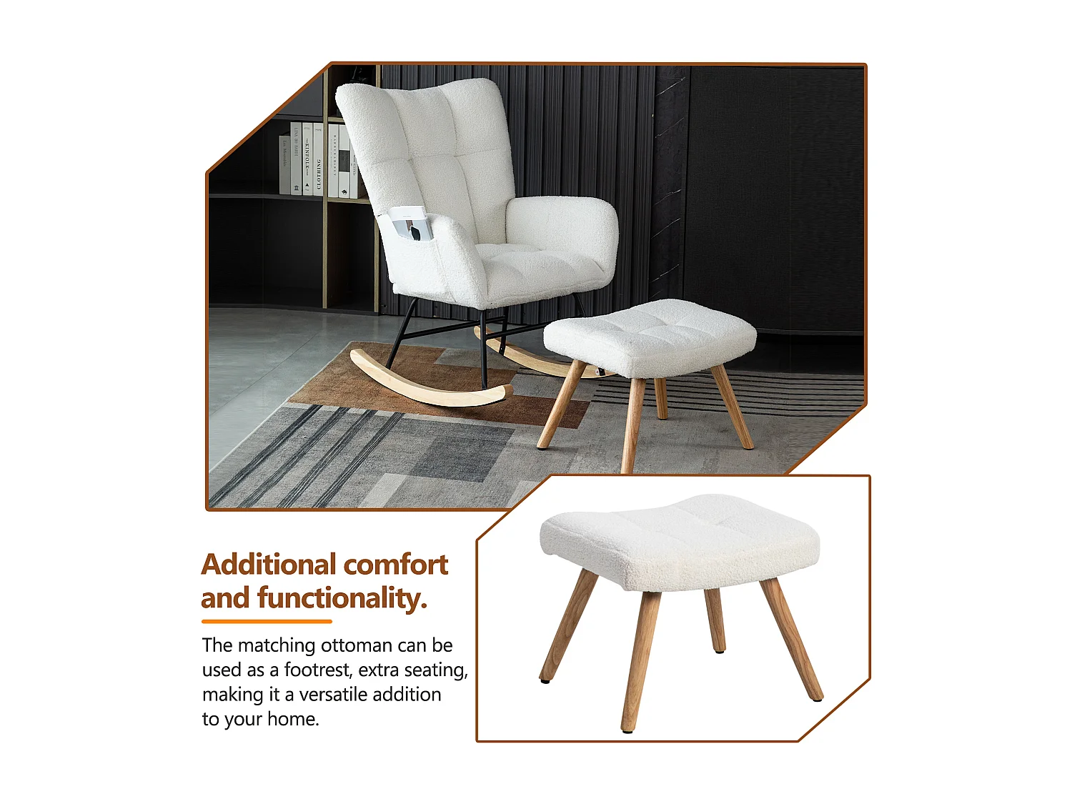 URBAN MEUBLE Chaise à bascule en polaire effet peluche blanche dossier haut avec repose-pieds