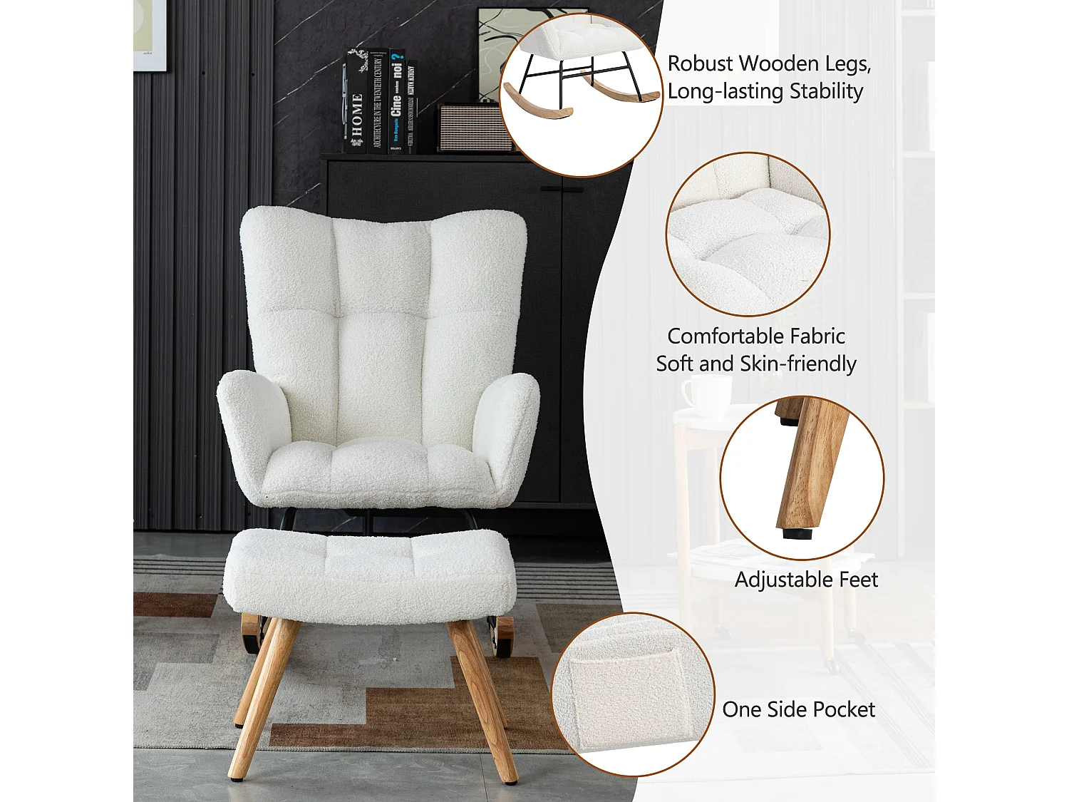 URBAN MEUBLE Chaise à bascule en polaire effet peluche blanche dossier haut avec repose-pieds