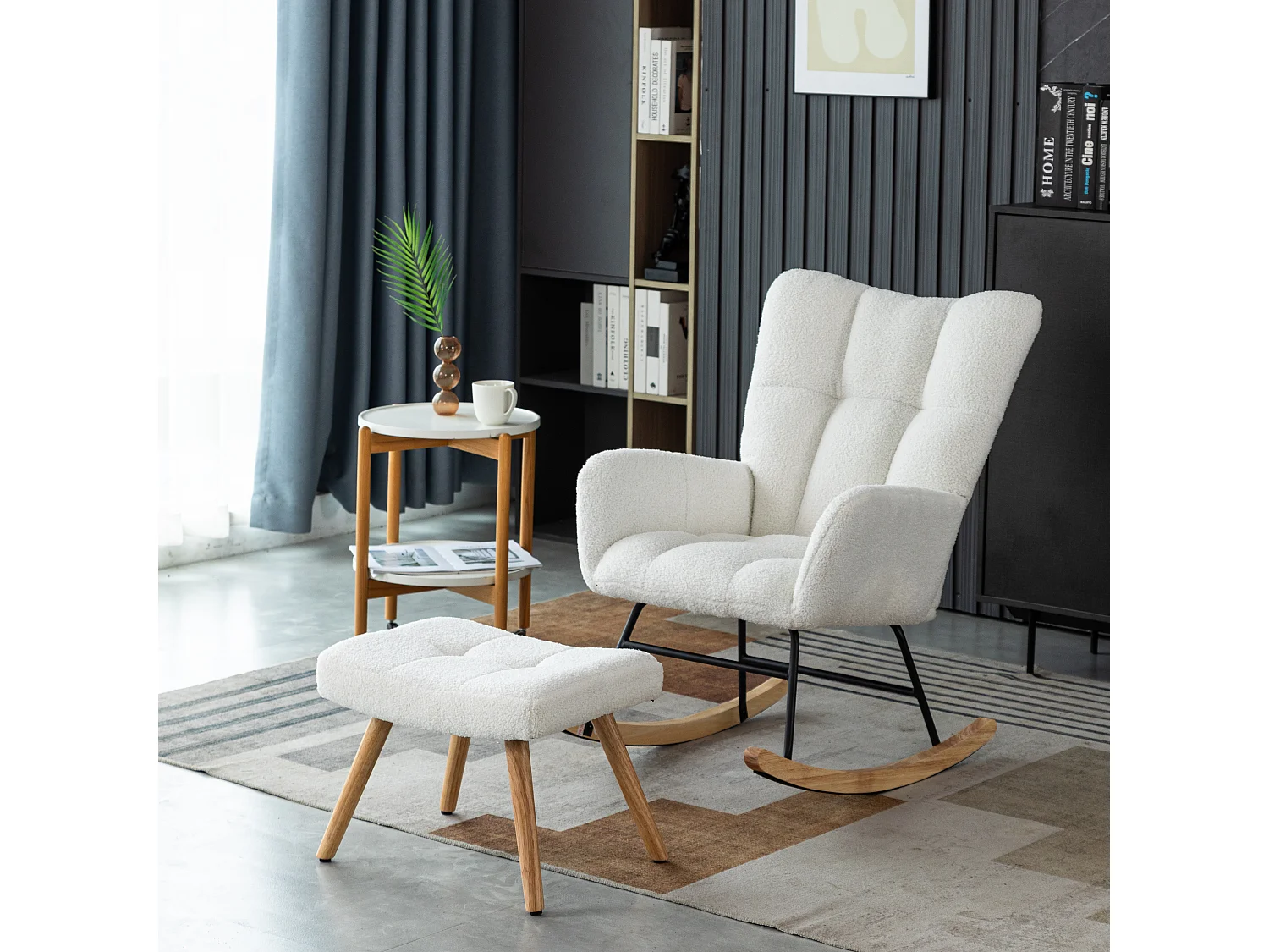 URBAN MEUBLE Chaise à bascule en polaire effet peluche blanche dossier haut avec repose-pieds