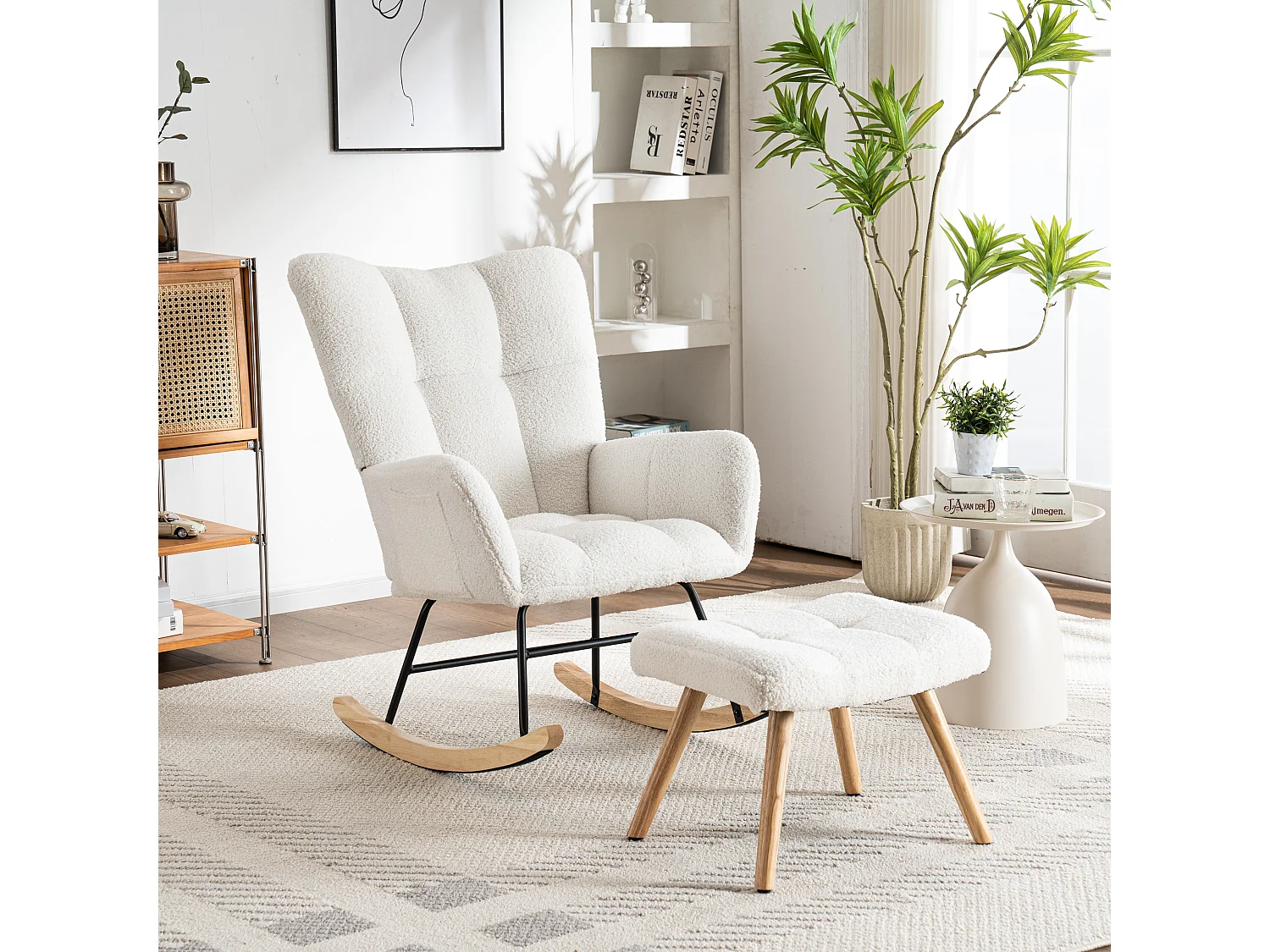 URBAN MEUBLE Chaise à bascule en polaire effet peluche blanche dossier haut avec repose-pieds