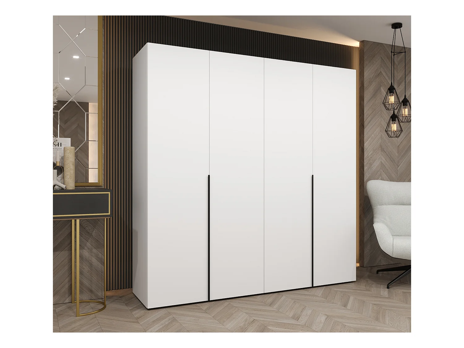 Drehtürenschrank Alicante 1 202/200/52 4-türig (Weiß + Griffe: Schwarz)