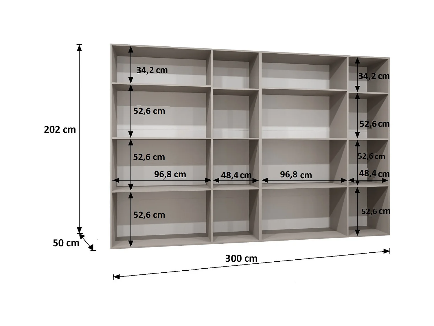 Drehtürenschrank Alicante 1 202/300/52 6-türig (Weiß + Griffe: Kaschmir)