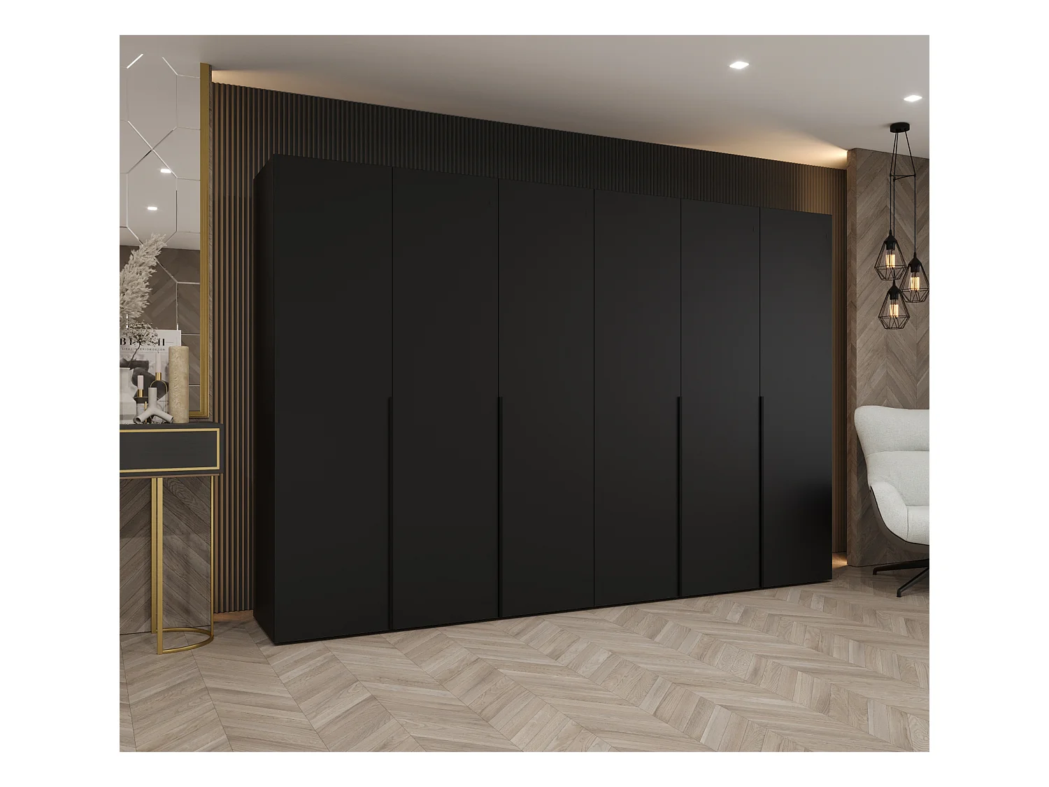 Drehtürenschrank Alicante 1 202/300/52 6-türig (Schwarz + Griffe: Schwarz)