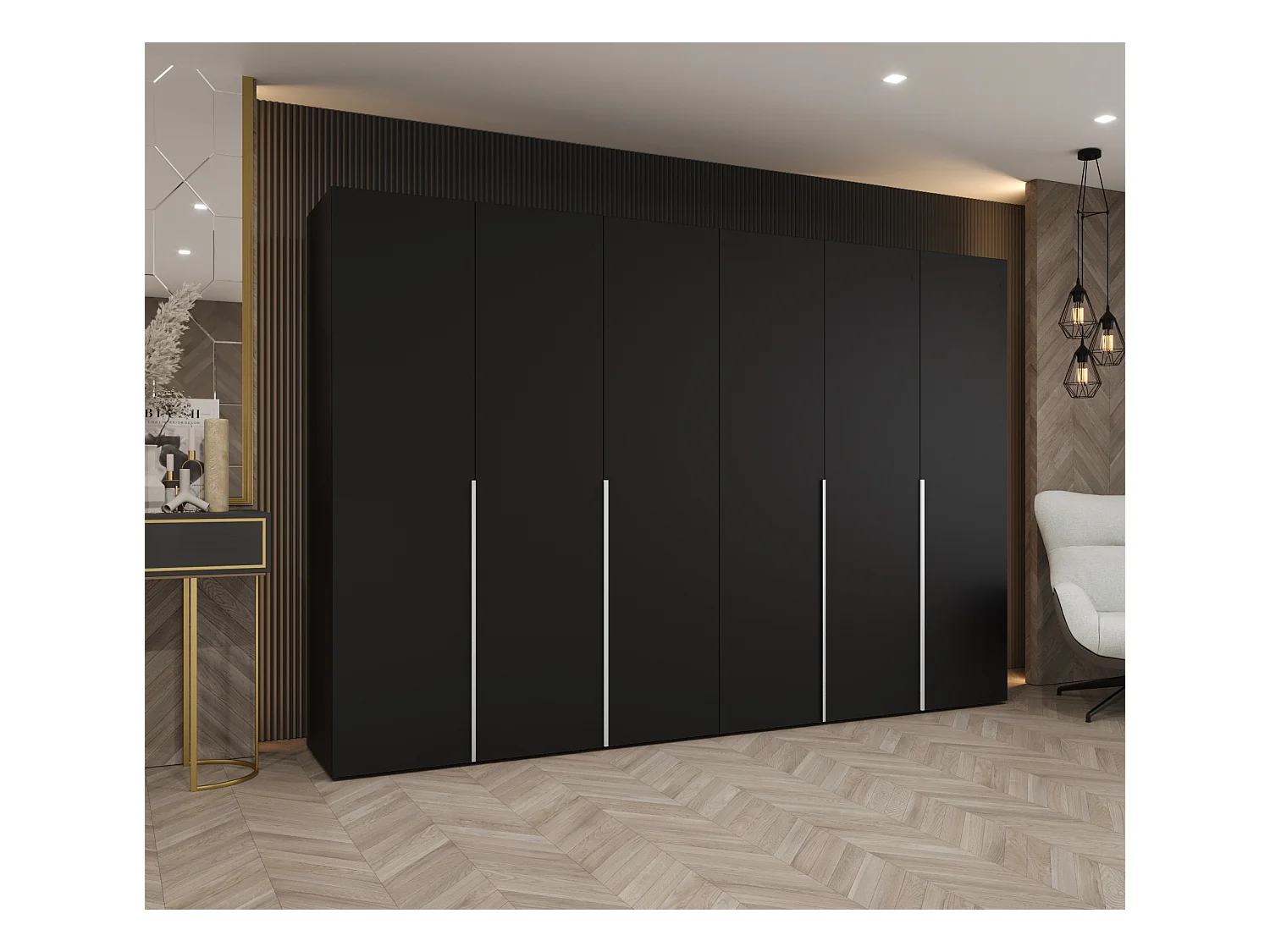 Drehtürenschrank Alicante 1 202/300/52 6-türig (Schwarz + Griffe: Kaschmir)