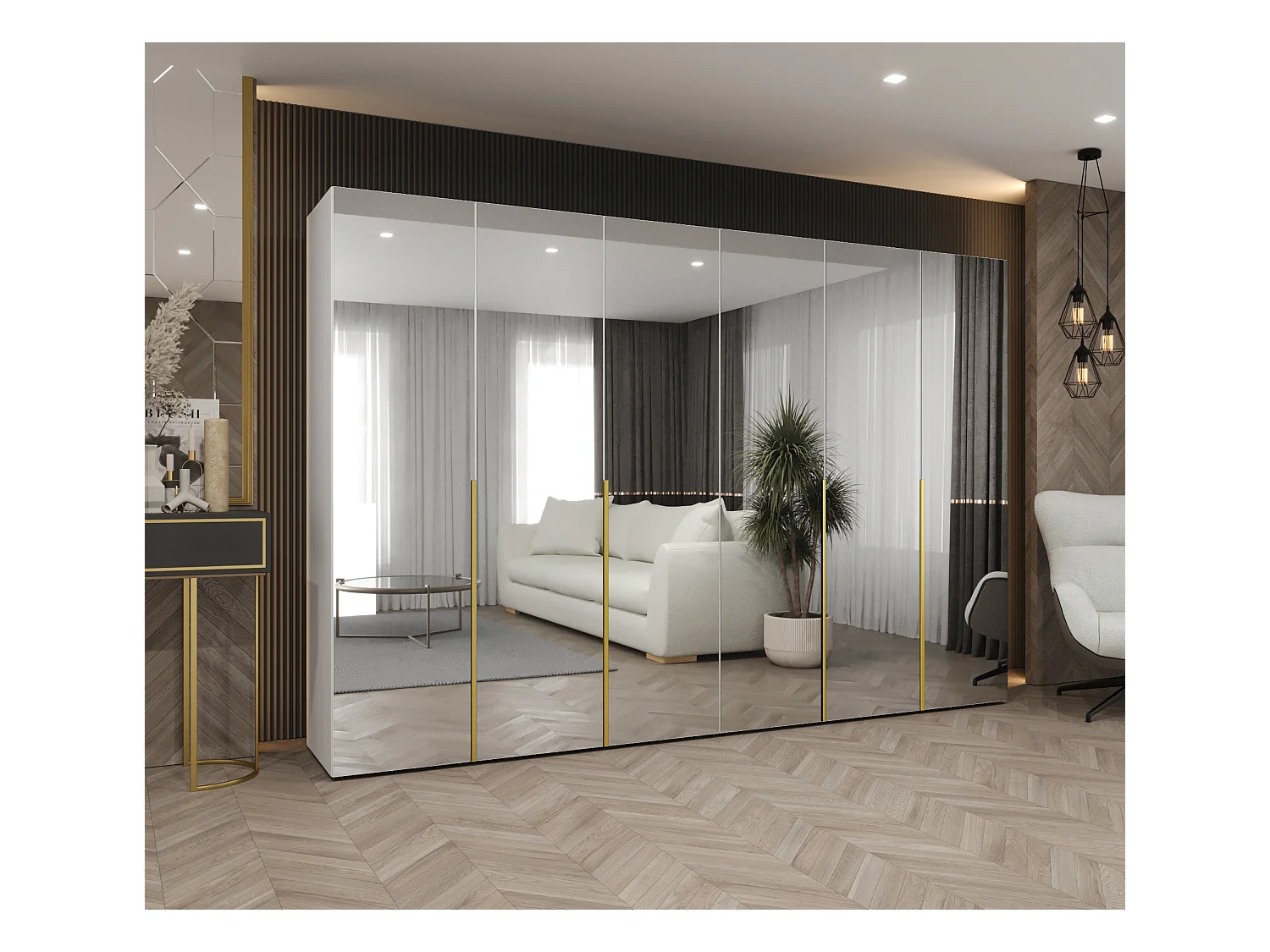 Drehtürenschrank Alicante 3 202/300/52 6-türig (Weiß + Griffe: Gold)