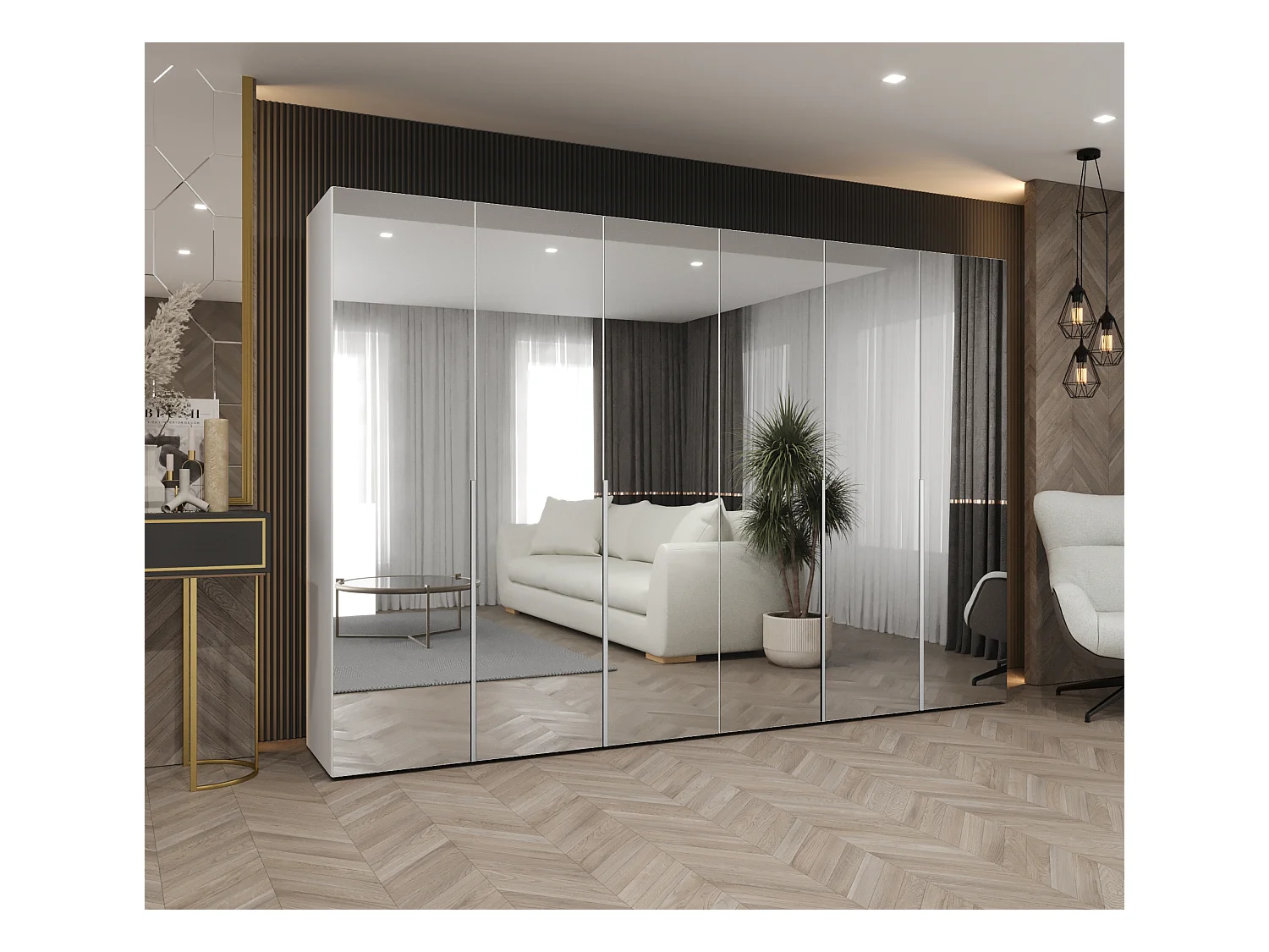 Drehtürenschrank Alicante 3 202/300/52 6-türig (Weiß + Griffe: Kaschmir)