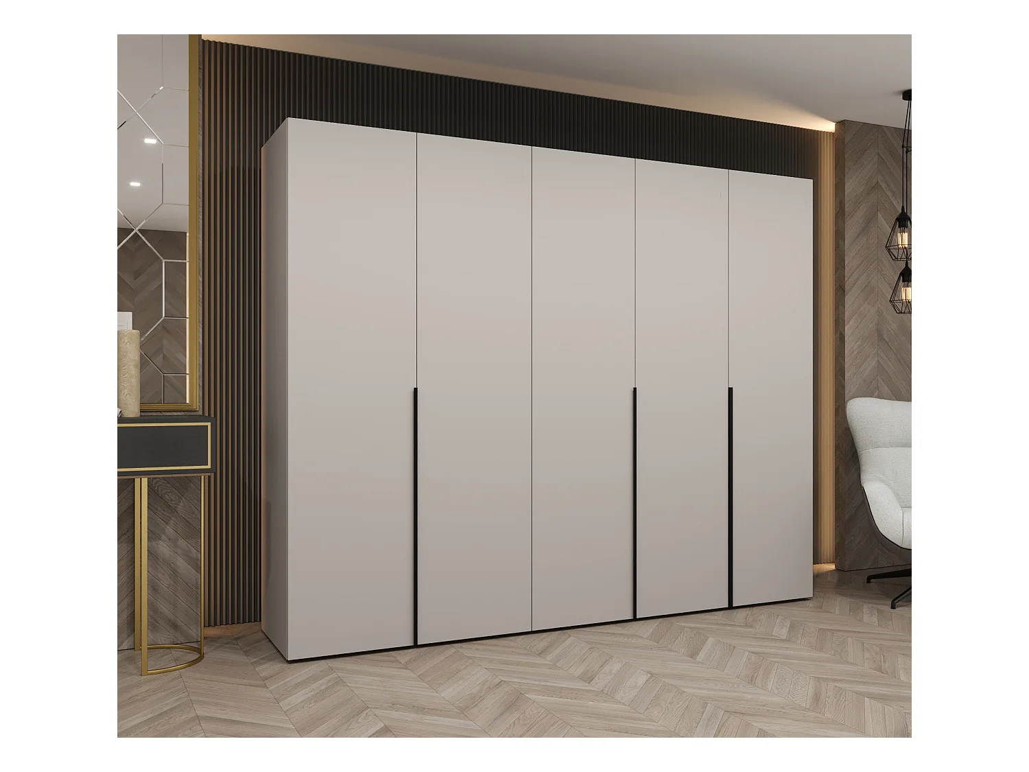 Drehtürenschrank Alicante 1 202/250/52 5-türig (Kaschmir + Griffe: Schwarz)