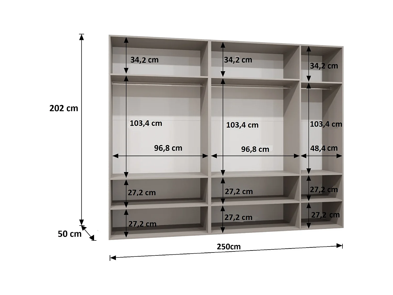Drehtürenschrank Alicante 1 202/250/52 5-türig (Kaschmir + Griffe: Schwarz)