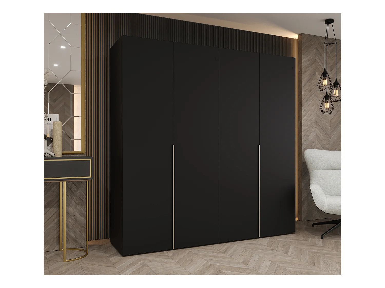 Drehtürenschrank Alicante 1 202/200/52 4-türig (Schwarz + Griffe: Kaschmir)