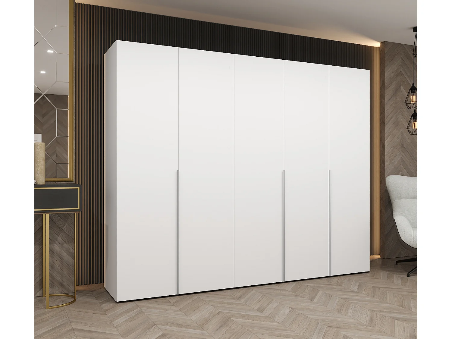 Drehtürenschrank Alicante 1 202/250/52 5-türig (Weiß + Griffe: Kaschmir)