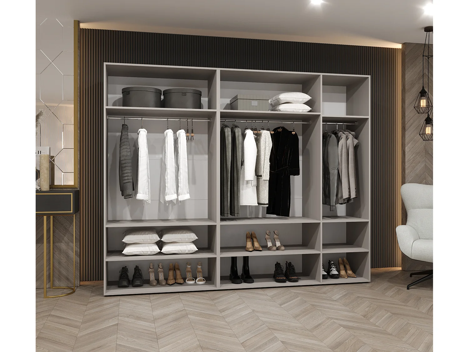 Drehtürenschrank Alicante 1 202/250/52 5-türig (Weiß + Griffe: Kaschmir)