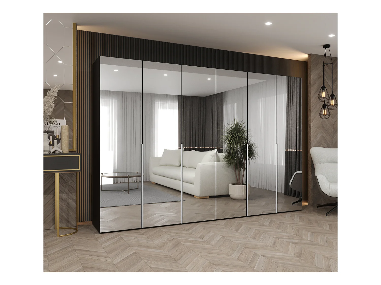 Drehtürenschrank Alicante 3 202/300/52 6-türig (Schwarz + Griffe: Kaschmir)