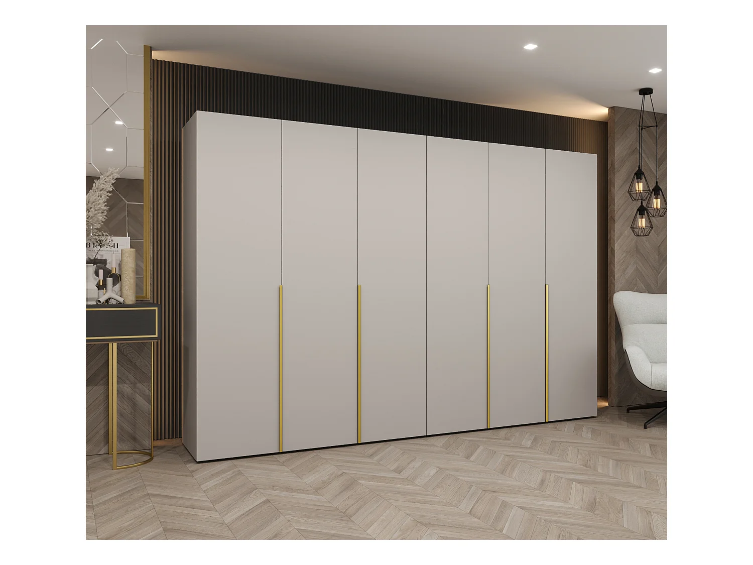 Drehtürenschrank Alicante 1 202/300/52 6-türig (Kaschmir + Griffe: Gold)