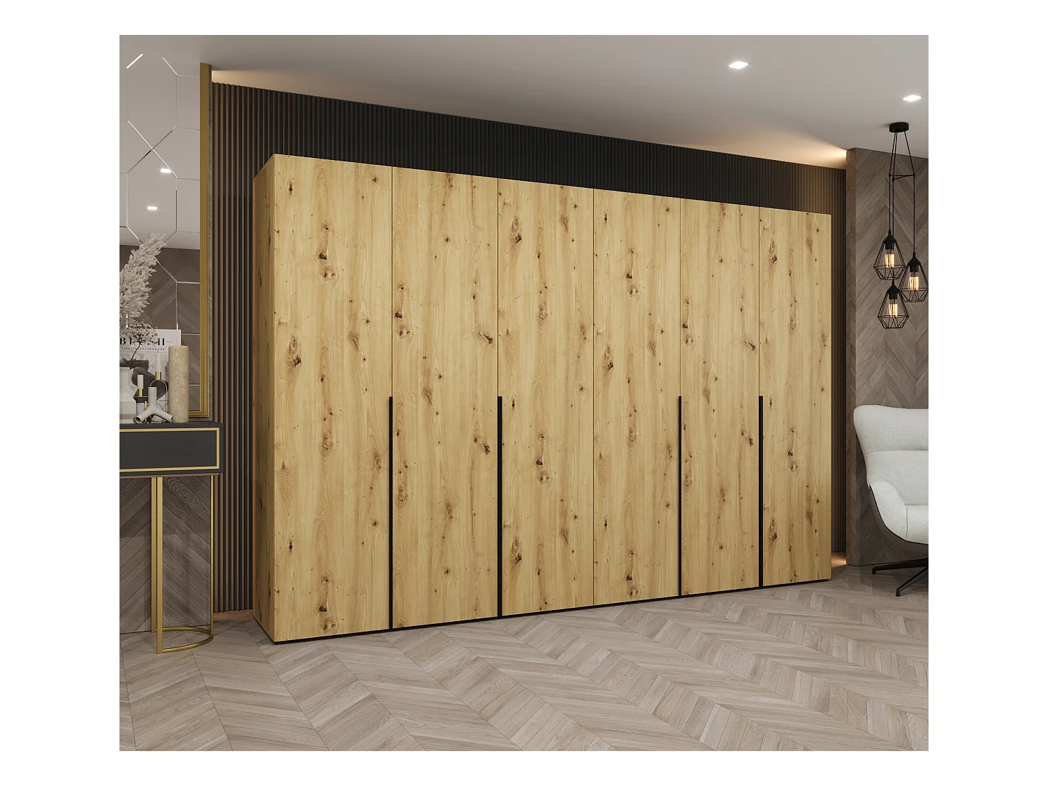 Drehtürenschrank Alicante 1 202/300/52 6-türig (Artisan Eiche + Griffe: Schwarz)