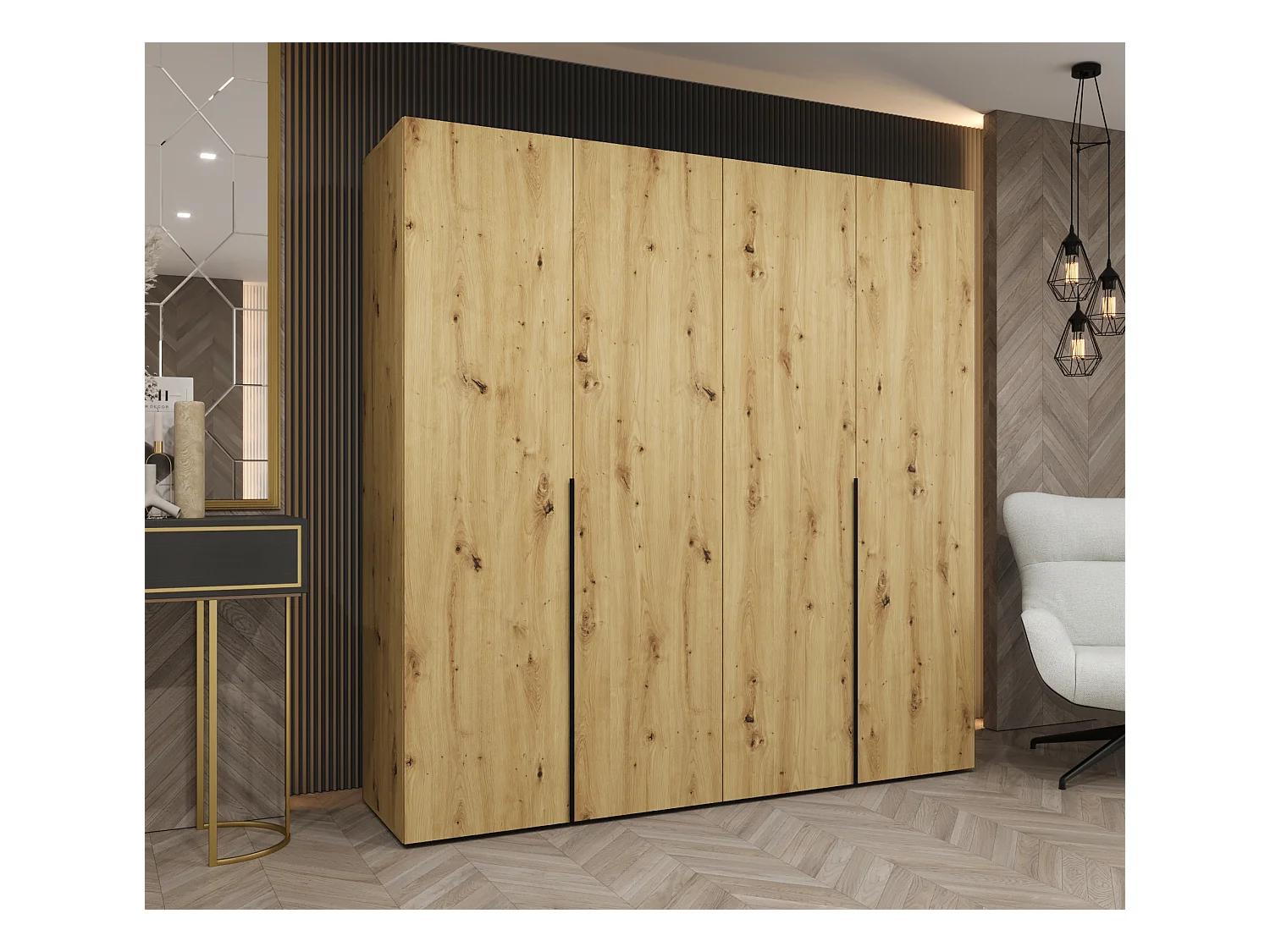 Drehtürenschrank Alicante 1 202/200/52 4-türig (Artisan Eiche + Griffe: Schwarz)