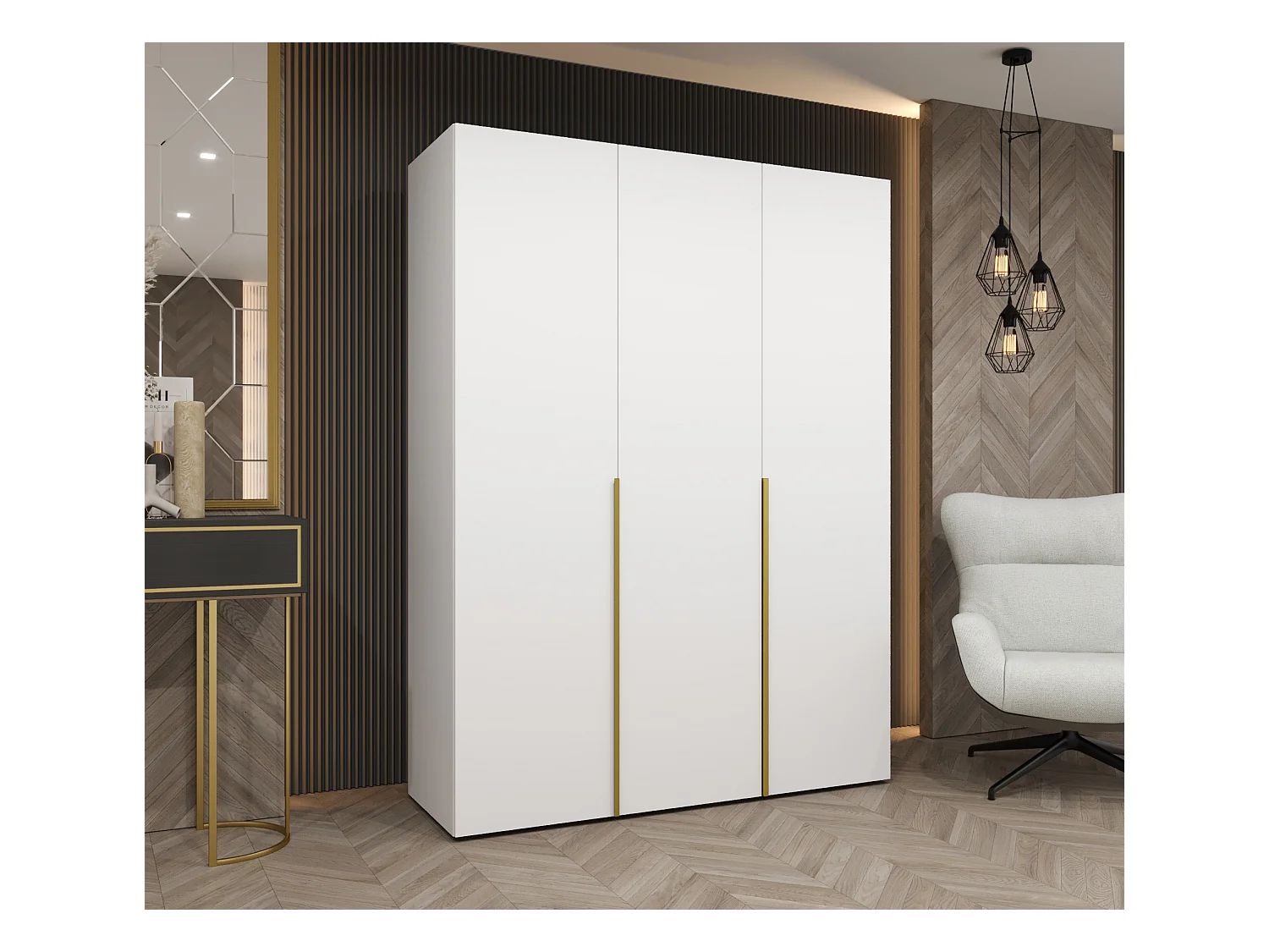 Armoire à portes battantes Alicante 1 202/150/52 3 portes (blanc/doré)