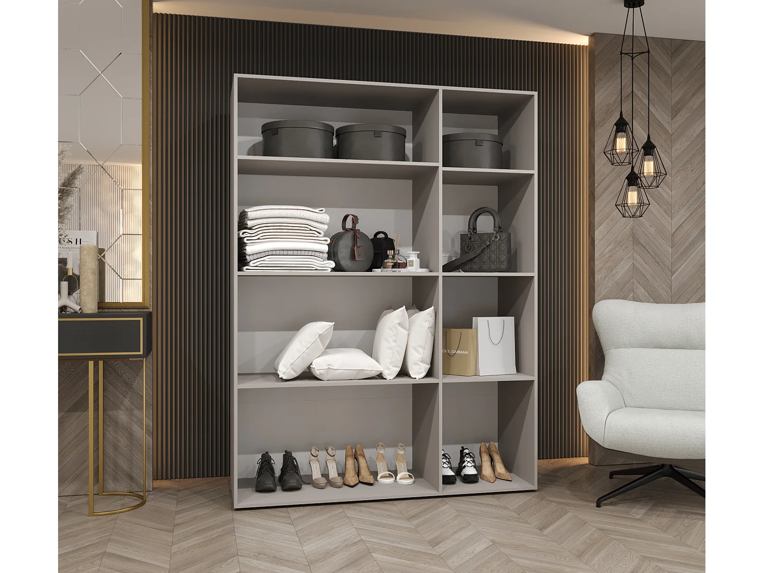 Drehtürenschrank Alicante 1 202/150/52 3-türig (Weiß + Griffe: Gold)