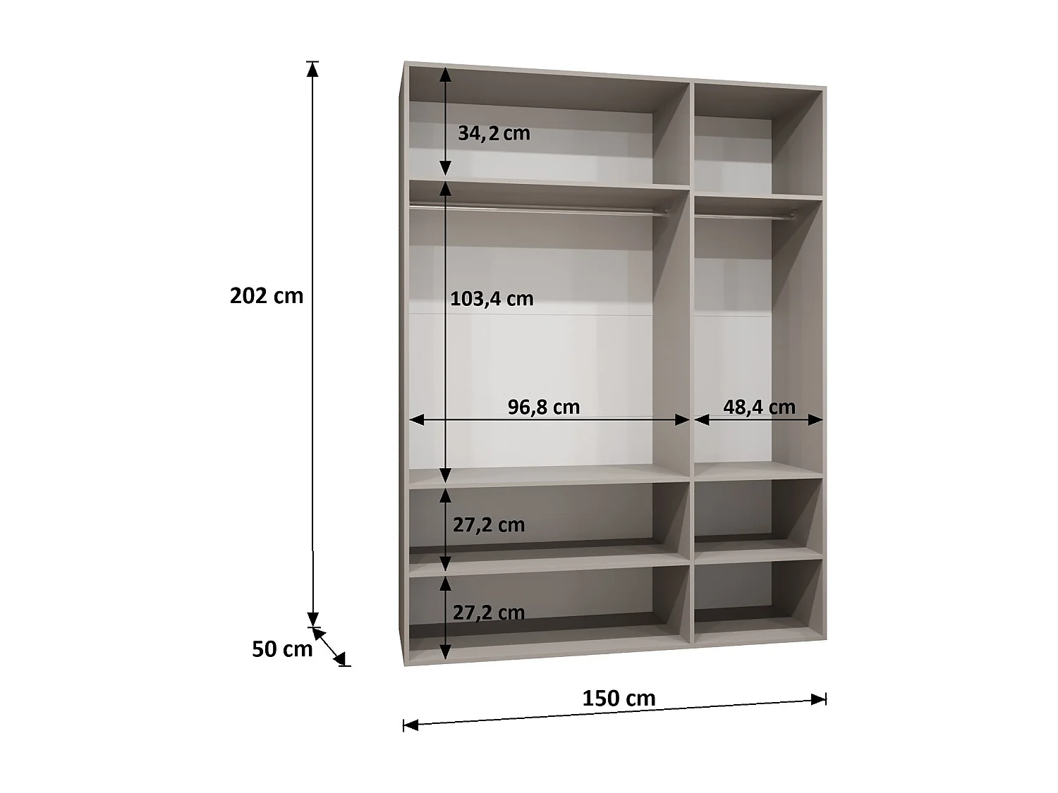 Drehtürenschrank Alicante 1 202/150/52 3-türig (Weiß + Griffe: Gold)