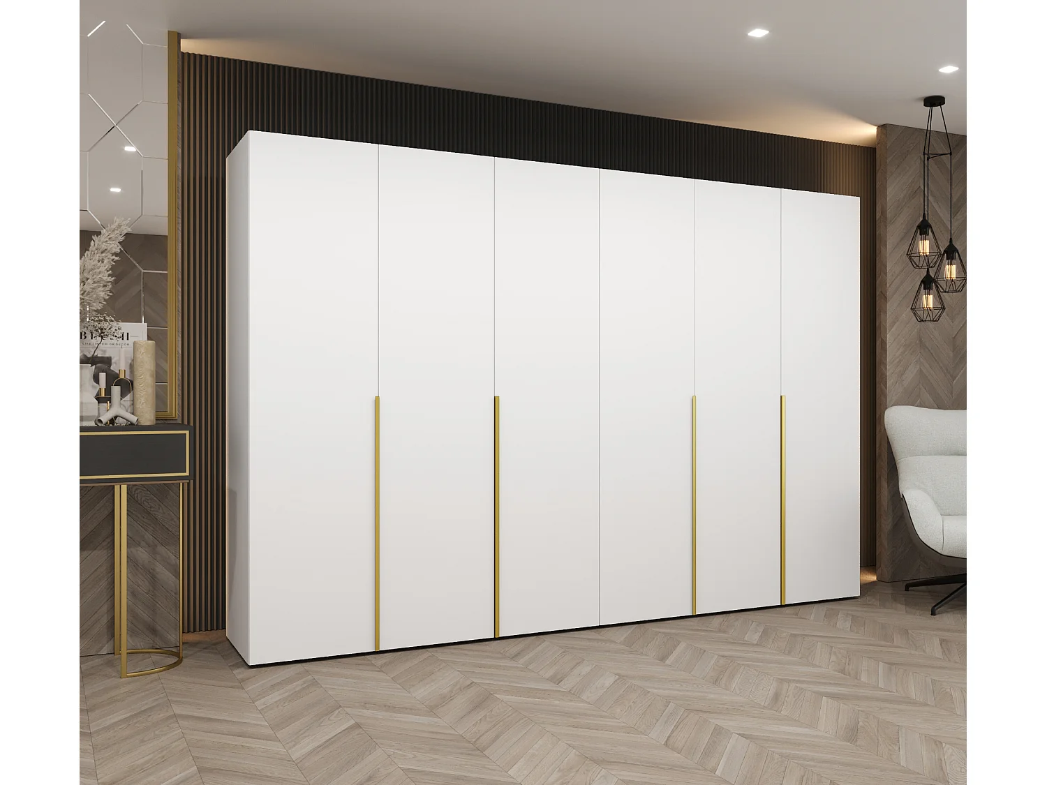 Armoire à portes battantes Alicante 1 202/300/52 6 portes (blanc/doré)