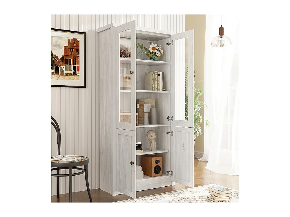 Moderne Vitrine 80x34x171 cm - Außenseite aus Holz, Glastüren, 2 Holztüren und Messinggriffe.