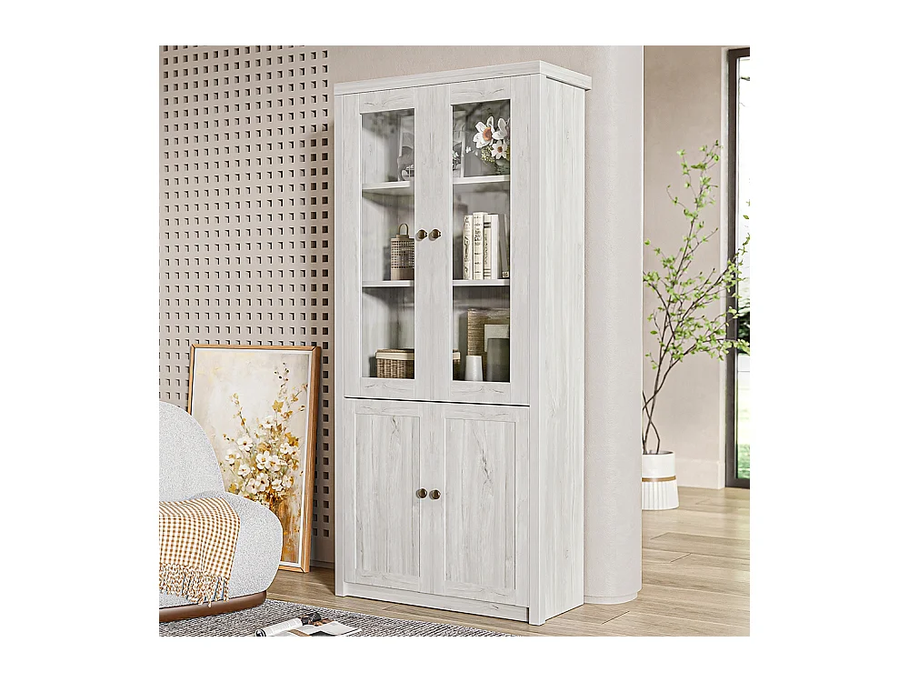 Moderne Vitrine 80x34x171 cm - Außenseite aus Holz, Glastüren, 2 Holztüren und Messinggriffe.