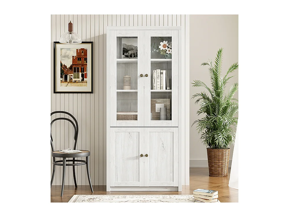 Vitrine moderne 80x34x171 cm - Extérieur en bois, portes en verre, 2 portes en bois et poignées en laiton