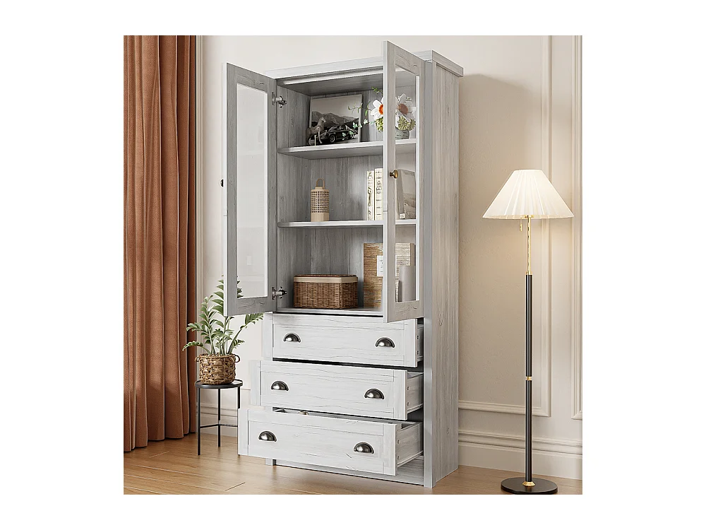 Armário expositor moderno 80x34x171 cm - Exterior em madeira, portas de vidro, 3 gavetas e puxadores em latão