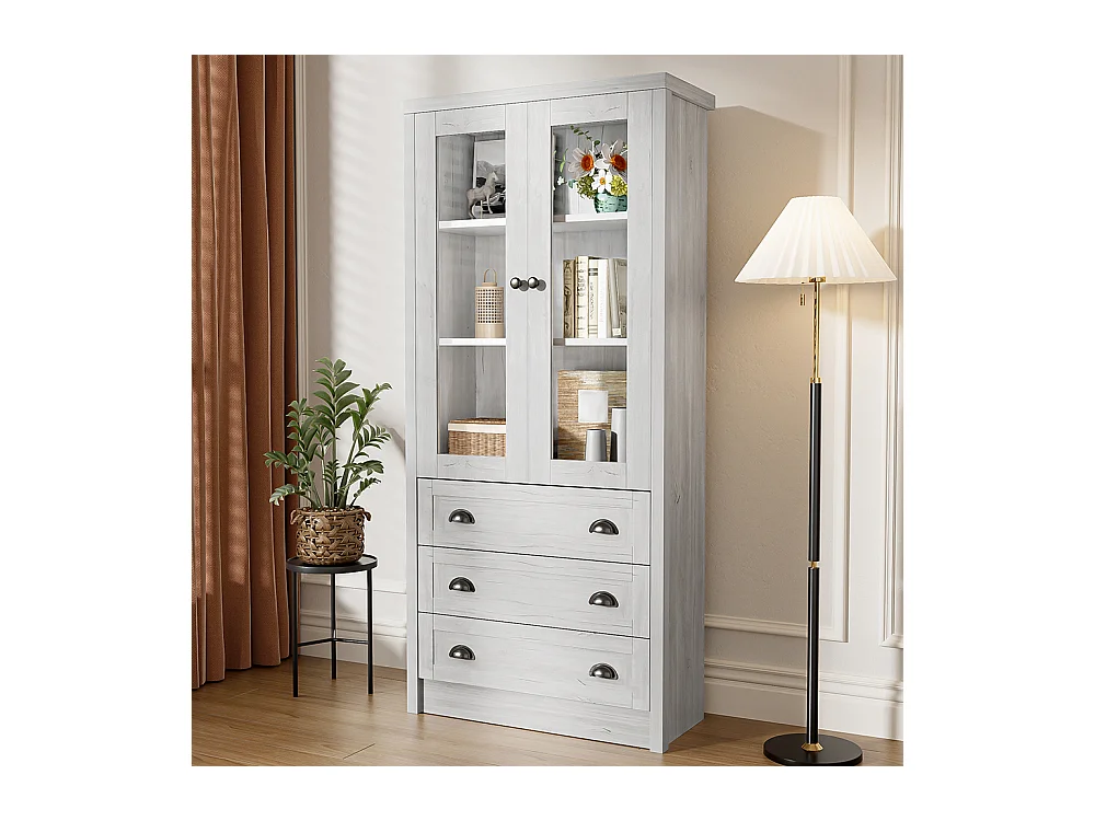 Armário expositor moderno 80x34x171 cm - Exterior em madeira, portas de vidro, 3 gavetas e puxadores em latão