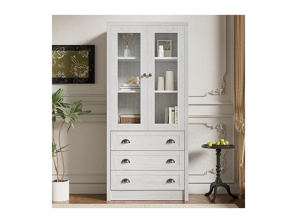 Vitrine moderne 80x34x171 cm - Extérieur en bois, portes en verre, 3 tiroirs et poignées en laiton