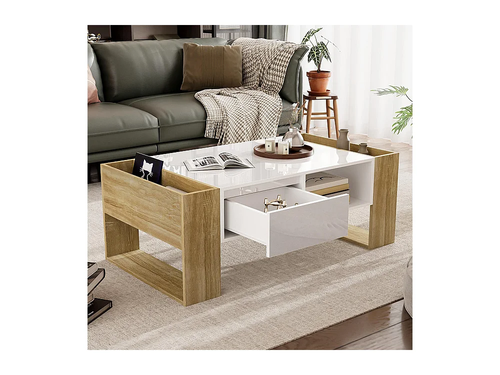 Table basse moderne 105 x 60 x 40 cm - Partiellement brillante, avec tiroirs et compartiments ouverts