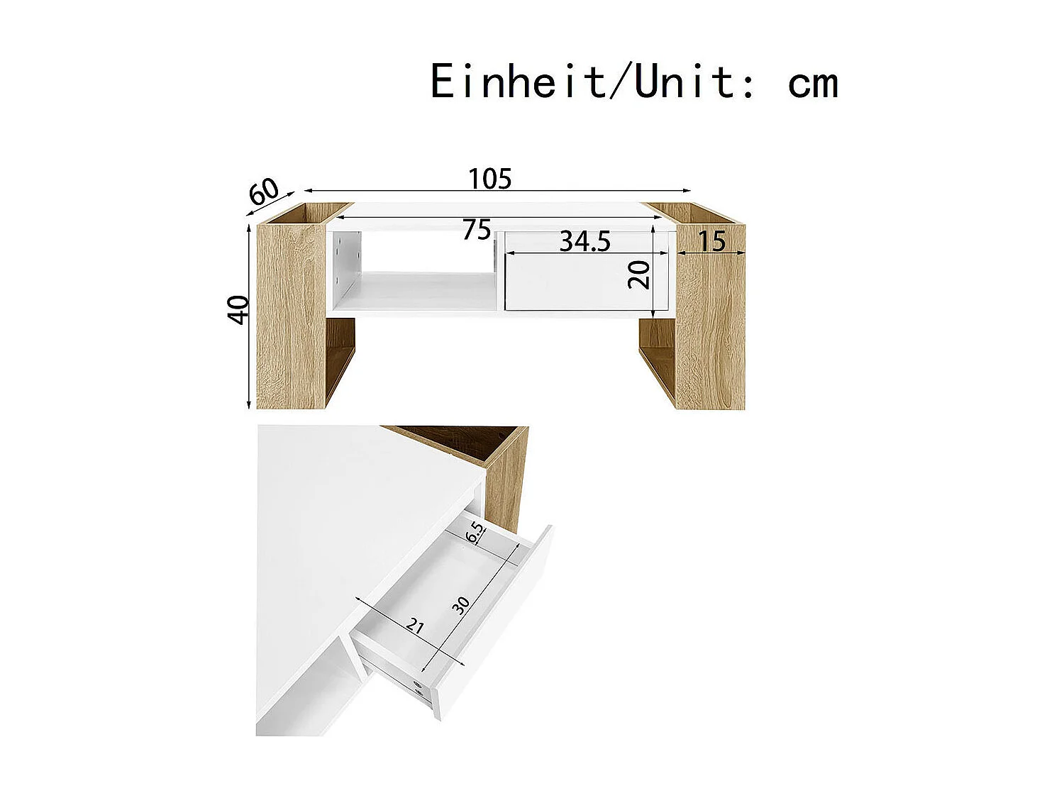 Table basse moderne 105 x 60 x 40 cm - Partiellement brillante, avec tiroirs et compartiments ouverts