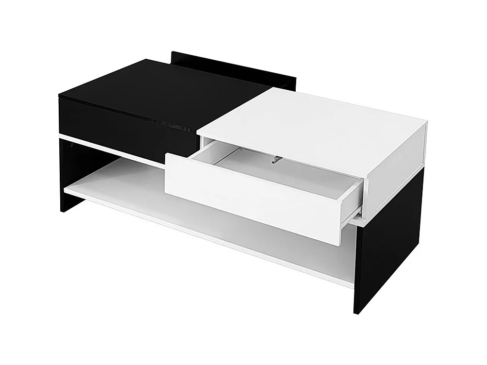 Moderne salontafel met 2 laden - zwart en wit design, opbergruimte, glanzend blad, 100 cm lang