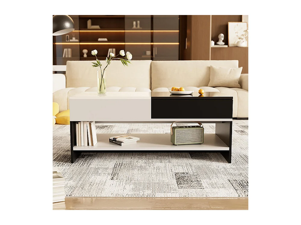 Table basse moderne avec 2 tiroirs - design noir et blanc, espace de rangement, plateau brillant, 100 cm de long