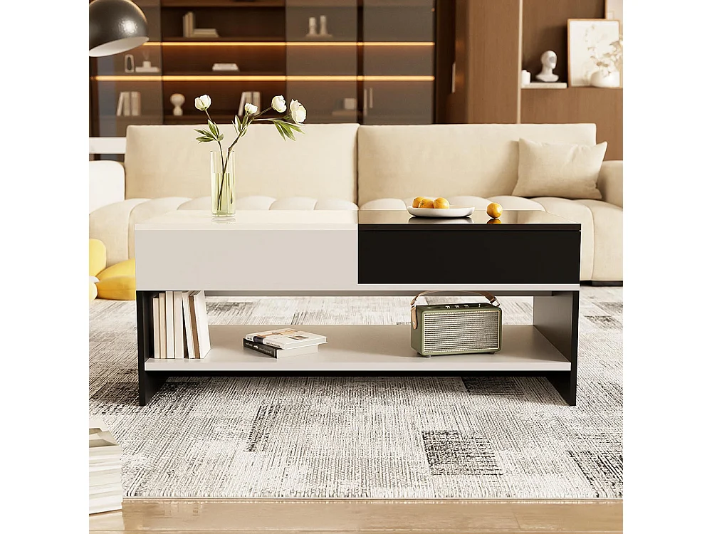 Table basse moderne avec 2 tiroirs - design noir et blanc, espace de rangement, plateau brillant, 100 cm de long
