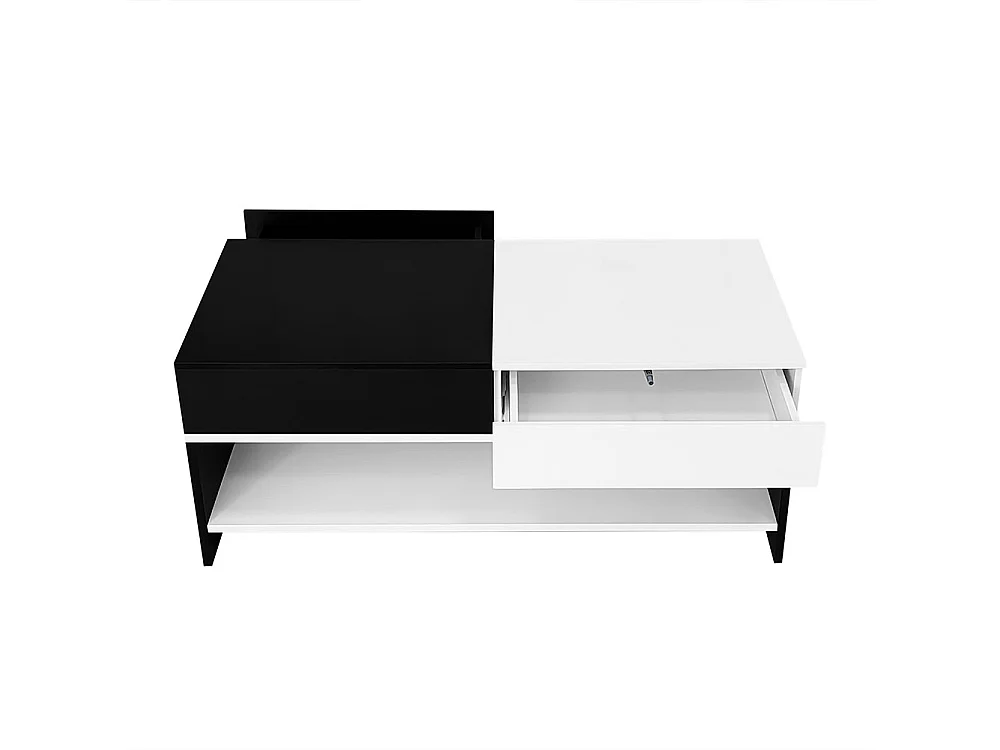 Table basse moderne avec 2 tiroirs - design noir et blanc, espace de rangement, plateau brillant, 100 cm de long