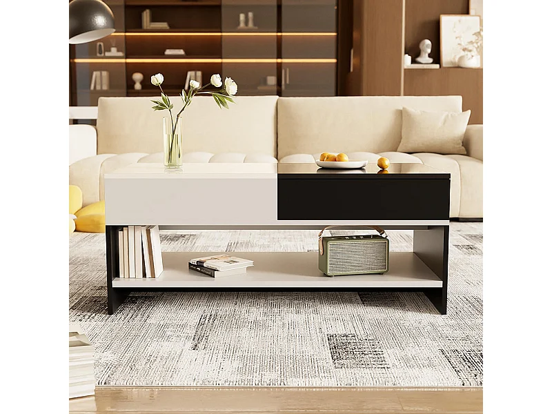 Table basse moderne avec 2 tiroirs - design noir et blanc, espace de rangement, plateau brillant, 100 cm de long