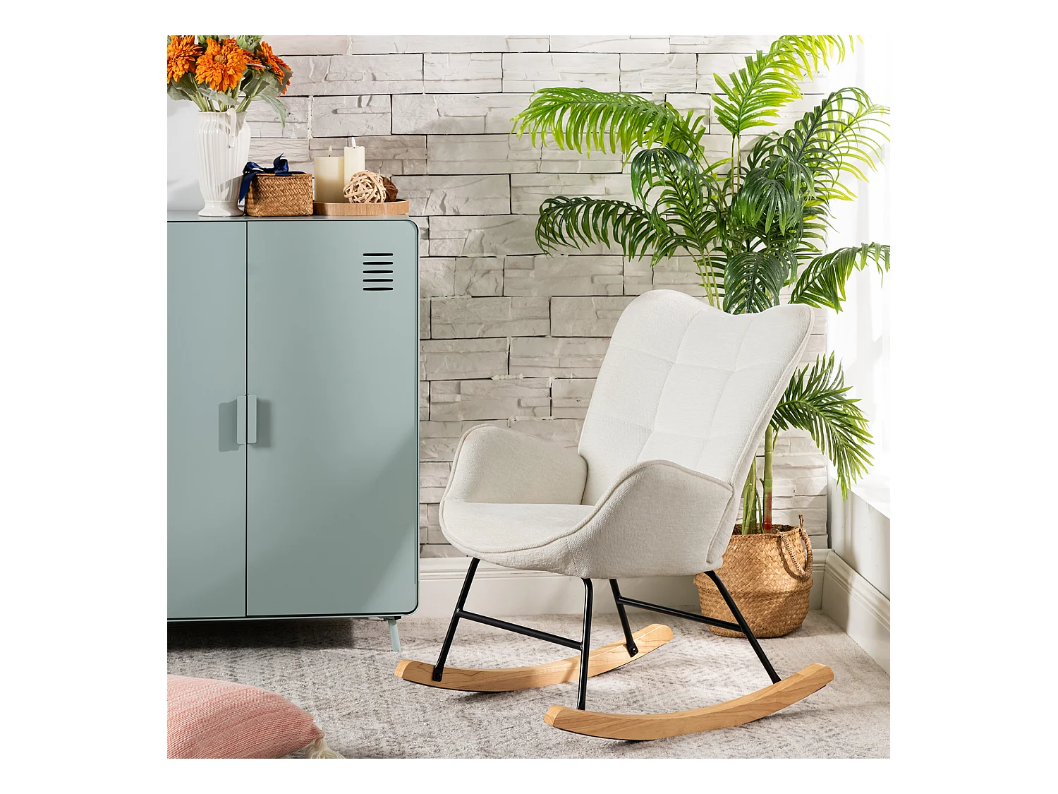 Fauteuil à bascule rocking chair à dossier moyen en tissu chenille style scandinave,KANASROCK