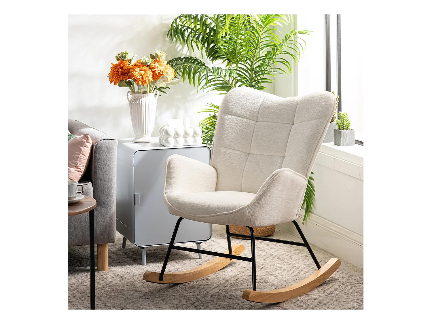 Fauteuil à bascule rocking chair à dossier moyen en tissu chenille style scandinave,KANASROCK