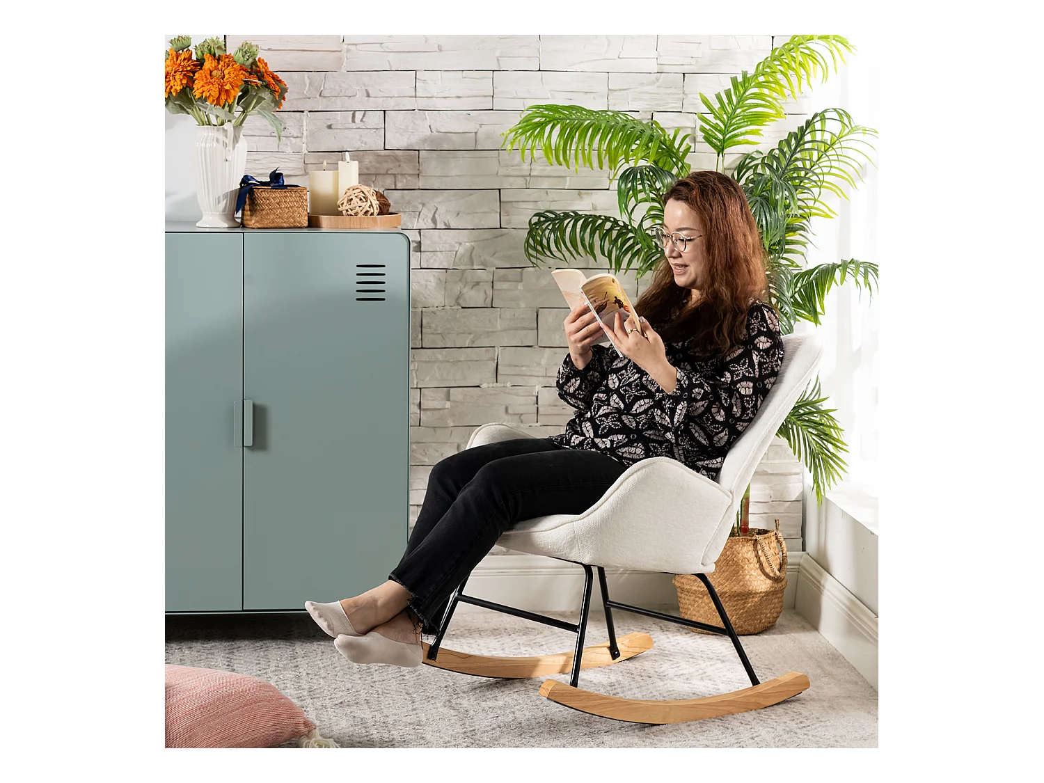 Fauteuil à bascule rocking chair à dossier moyen en tissu chenille style scandinave,KANASROCK