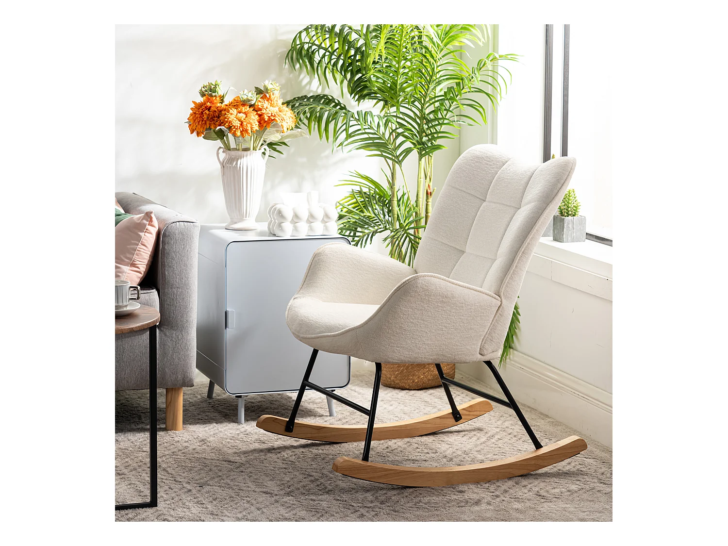 Fauteuil à bascule rocking chair à dossier moyen en tissu chenille style scandinave,KANASROCK