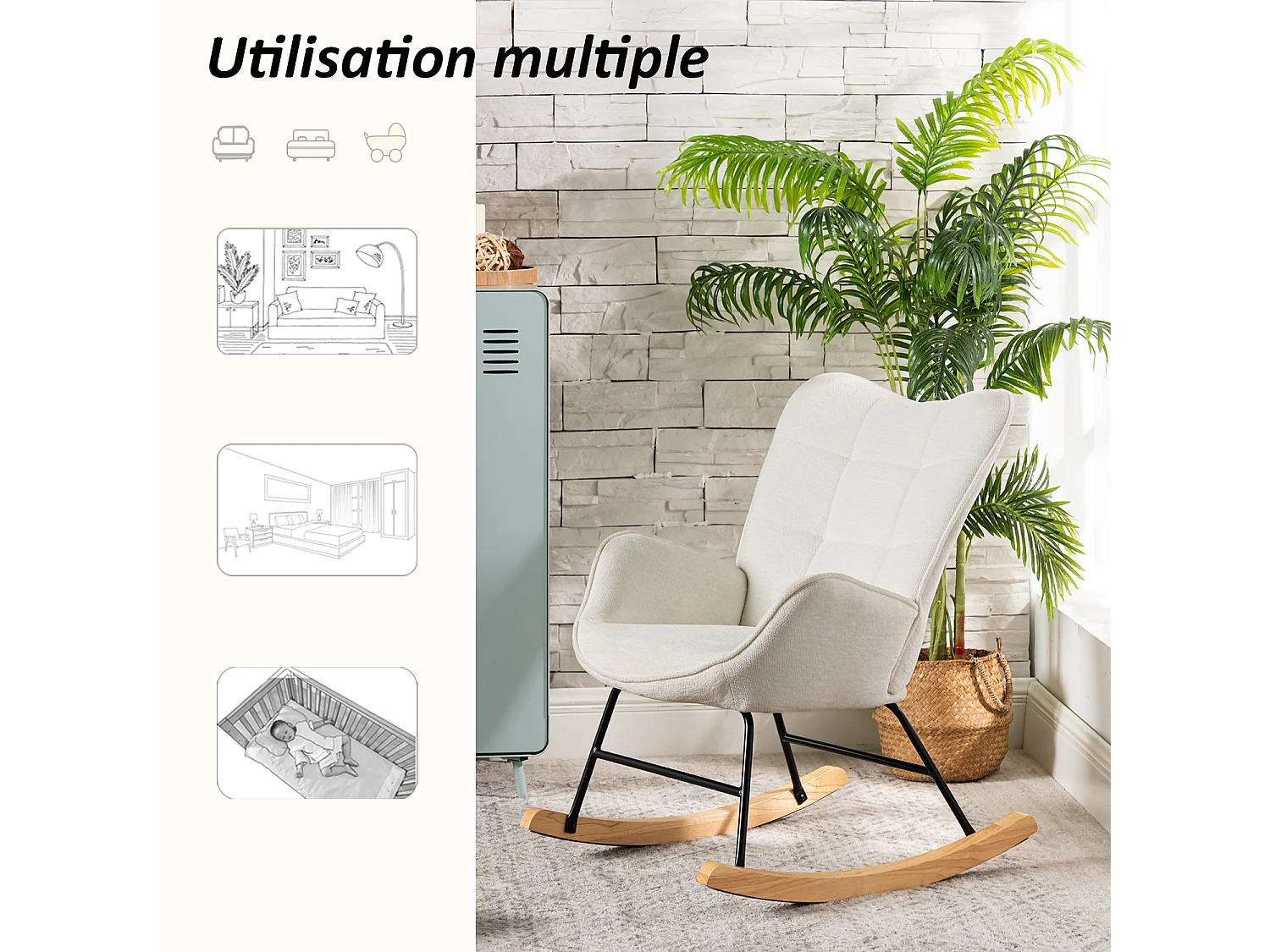 Fauteuil à bascule rocking chair à dossier moyen en tissu chenille style scandinave,KANASROCK