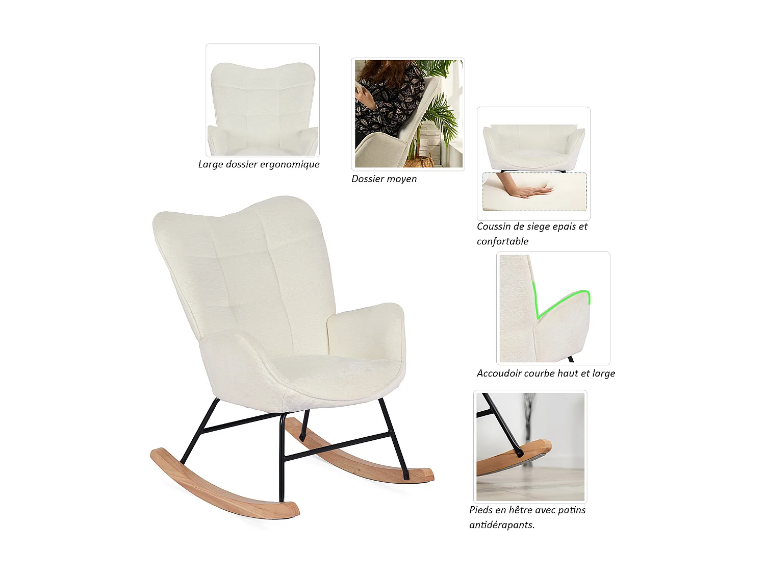 Fauteuil à bascule rocking chair à dossier moyen en tissu chenille style scandinave,KANASROCK