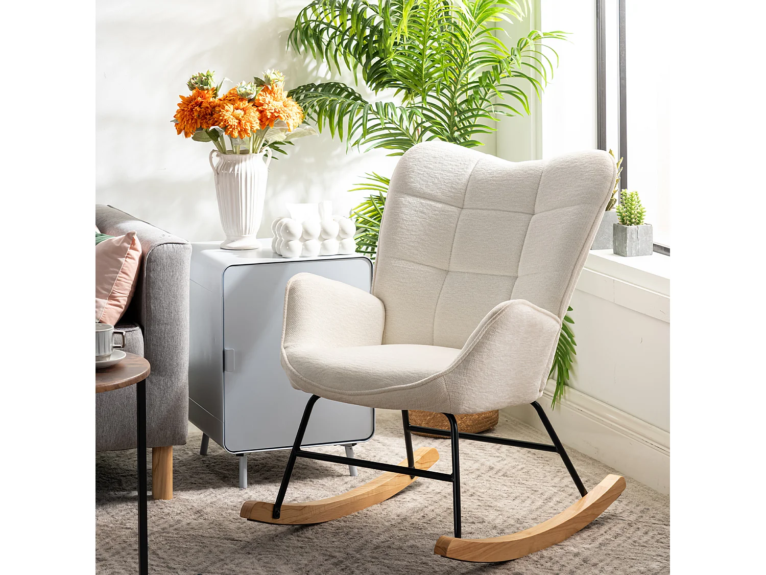 Fauteuil à bascule rocking chair à dossier moyen en tissu chenille style scandinave,KANASROCK