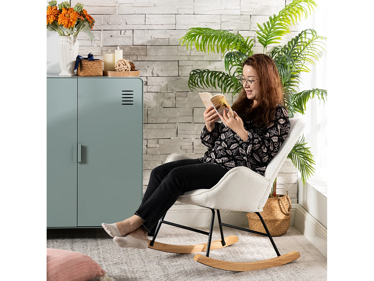 Fauteuil à bascule rocking chair à dossier moyen en tissu chenille style scandinave,KANASROCK