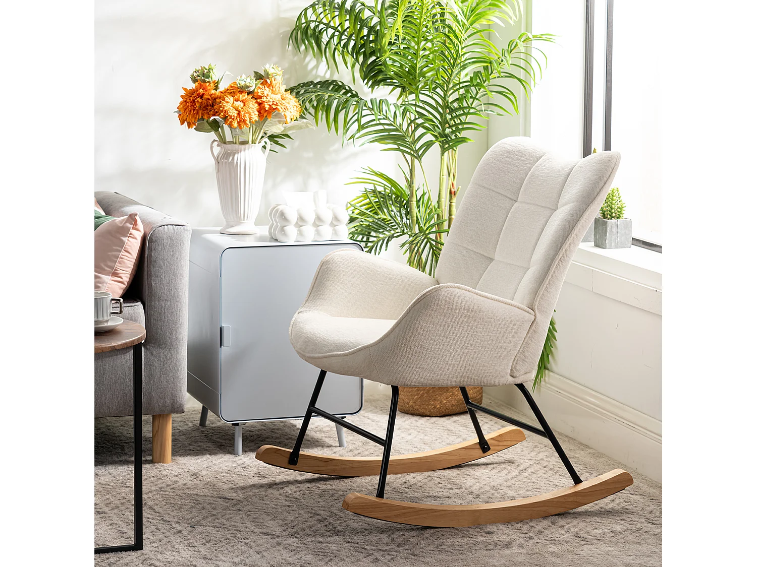 Fauteuil à bascule rocking chair à dossier moyen en tissu chenille style scandinave,KANASROCK