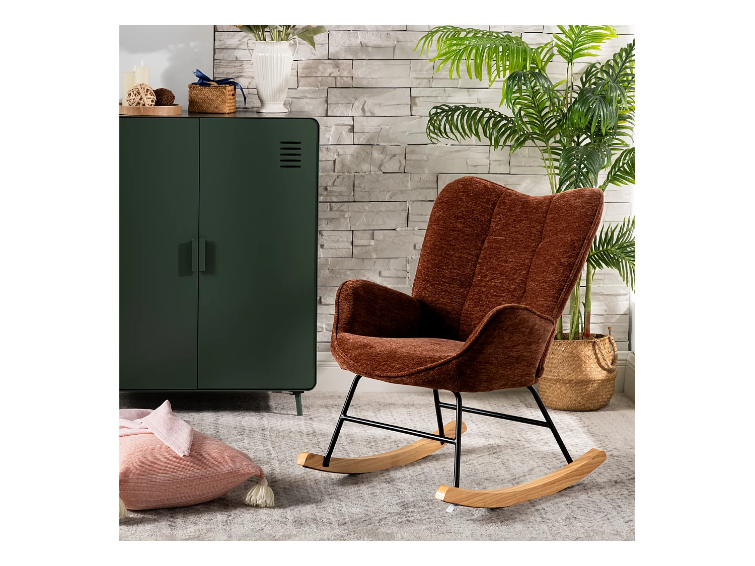 Fauteuil à bascule rocking chair à dossier moyen en tissu chenille style scandinave,KANASROCK