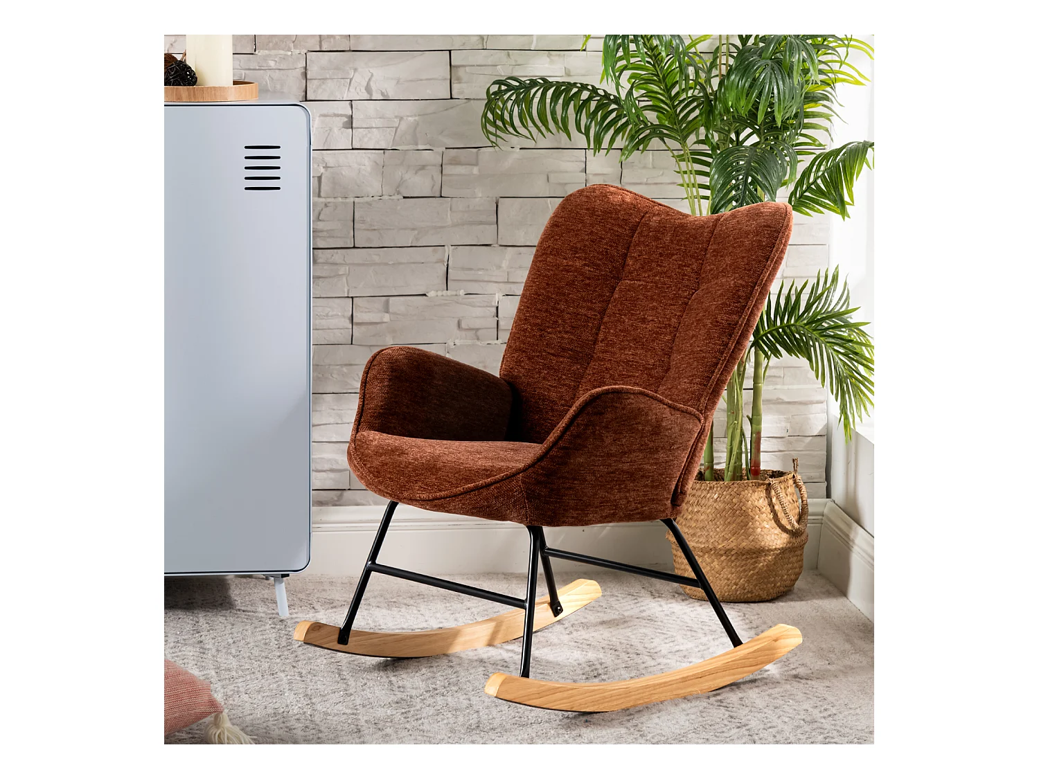 Fauteuil à bascule rocking chair à dossier moyen en tissu chenille style scandinave,KANASROCK