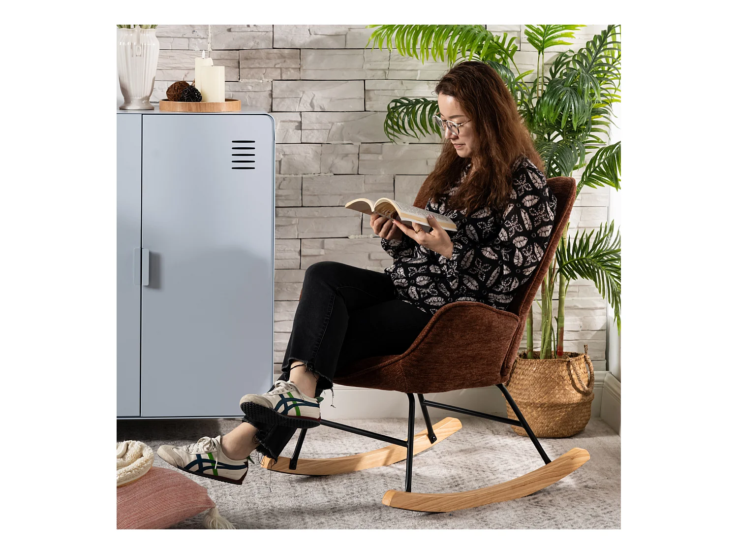 Fauteuil à bascule rocking chair à dossier moyen en tissu chenille style scandinave,KANASROCK