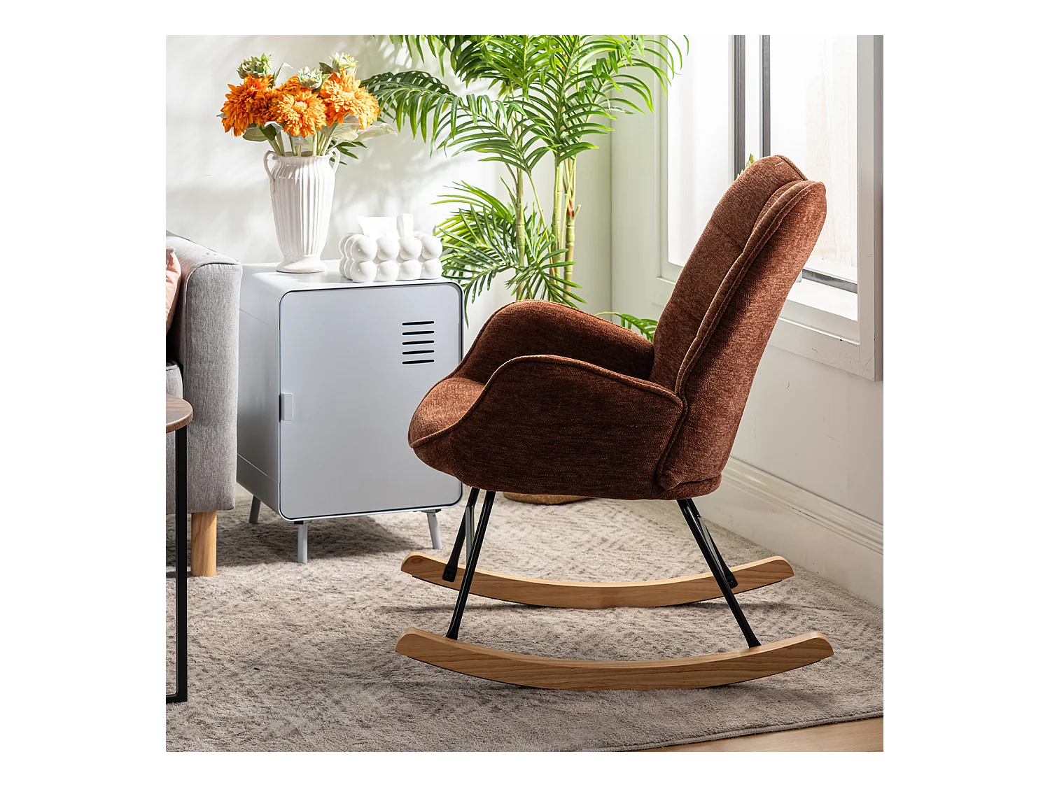 Fauteuil à bascule rocking chair à dossier moyen en tissu chenille style scandinave,KANASROCK